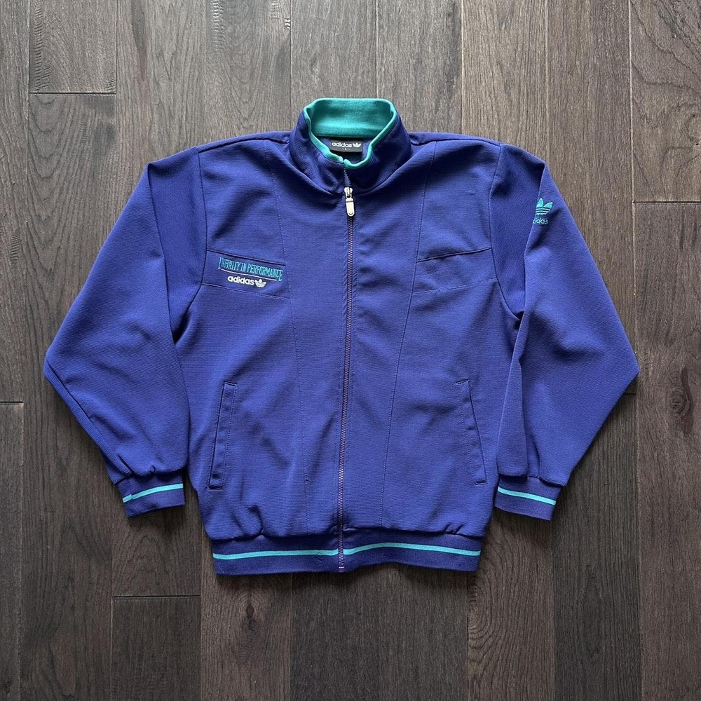 Adidas Green and Blue Zip Up Sweater with Stand-Up Collar